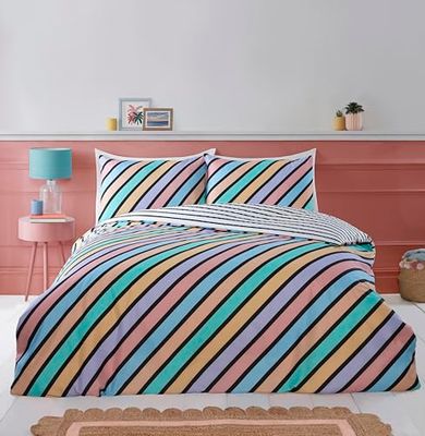 Rapport Home Microfibre Duvet Cover Set - Striped Pastel Coloured Reversible Double Bedding Set