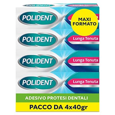 Polident Adhesivo de larga duración, para prótesis dental, hasta 12 horas de duración diaria, sabor menta delicada, paquete de 4 x 40 g