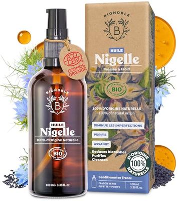 Bionoble Huile de Nigelle Bio Pure 100ml + Pipette et Pompe - Bouteille en Verre - 100% Naturelle, Pressée à Froid - Visage Corps Cheveux - Huile de Cumin Noir Bio, Black Seed Oil