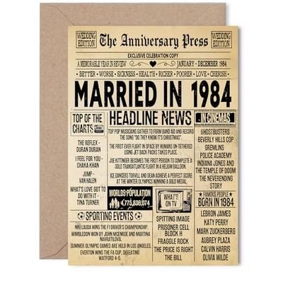 41st Anniversary Card for Women Men - Vintage Newspaper Married in 1984 - Happy 41 Year Wedding Anniversary Card for Partner Husband Companion Wife, 5x7 Inch Anniversaries Greeting Cards