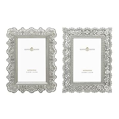 GIFTY GIFTY Lot de 2 mini cadres en dentelle - 5 x 7,6 cm - Pour décoration de table - Parfait pour la maison, un mariage, une remise de diplôme ou des photos importantes (argent)