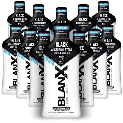 BlanX, munsköljning för blekning, svart, 12 förpackningar om 500 ml, munsköljning mot fläckar och blekmedel, med naturliga arktiska flätor, zink PCA och aktivt kol, 100% naturlig, reparera – malt