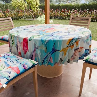 PETTI Artigiani Italiani - Anti-Stain Round Microfibre Tablecloth (Diameter 240 cm), Kitchen Table Cover for Round Table, Fishes Design, 100% Made in Italy