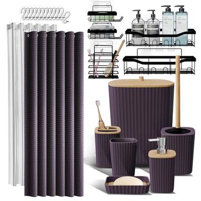 Ensemble de 25 Accessoires de Salle de Bain avec Panier de Douche pour Rangement de Salle de Bain, Rideau de Douche Violet, Brosse WC, Poubelle, Distributeur de Savon, Porte-Brosse à Dents