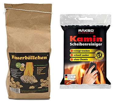 Raiffeisen Waren Balles de feu 0,5 kg + nettoyant pour vitres de cheminée RAKSO (durée de combustion env. 10 min, allume-feu + nettoyant sans produits chimiques, nettoie sans lubrification + rayures)