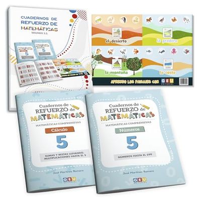 Pack Matemáticas Comprensivas 2º trimestre 2º Primaria: Cuadernos de Números 5, Cálculo 5 y Lámina Didáctica Aprendo los Paisajes | Actividades para Repaso Matemáticas Niños 7 a 8 años