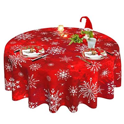 Christmas Red Tablecloth, Winter Snowflake Round Tablecloth 70 Inch, Xmas Table Cloth for Rustic Farmhouse Kitchen Decor, Wipeable Polyester Fabric Table Cover for Holiday Party Outdoor Camping Picnic