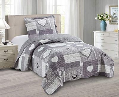 Brilliant Sunshine Grijze hart liefde patchwork, 2-delige dekbedovertrekset met 1 sham, omkeerbare sprei, zachte lichtgewicht sprei, het hele seizoen, twin, grijs
