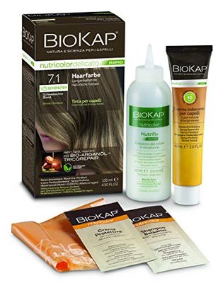 BIOKAP Rapid Permanent Hair Colour 7.1 Swedish Blonde | Only 10 Minutes Reaction Time | Organic Argan Oil - TricoRepair Complex - Vegan | Optimal Grey Coverage | Up to 80% Natural Ingredients