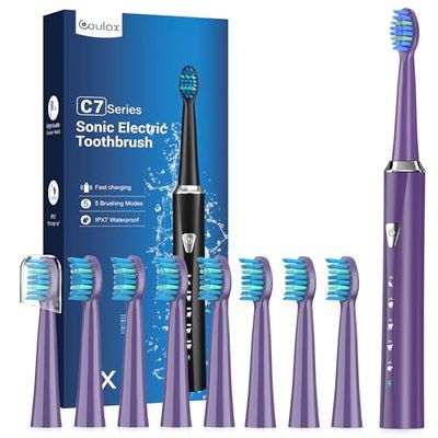Brosse À Dent Électrique Sonique avec 8 Têtes - Brosse À Dents Sonique pour Adultes et Enfant, 5 Modes, Étanche IPX7, Brosses à Dents Ultrasoniques Famille et Voyager, Brosses À Dents Violet