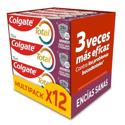 Colgate Total Advanced gengive sane e sensibilità, dentifricio, 12 pzx75 ml, protegge le zone sensibili dei denti, aiuta a prevenire problemi di gengive, 24 ore di difesa antibatterica