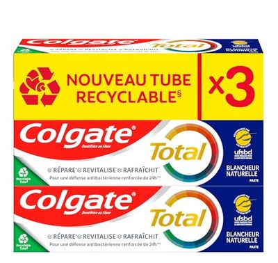 Colgate Total Blancheur Naturelle, Dentifrice Blancheur, Répare, Revitalise et Rafraîchit, Lot de 3 Tubes de 75 ml.