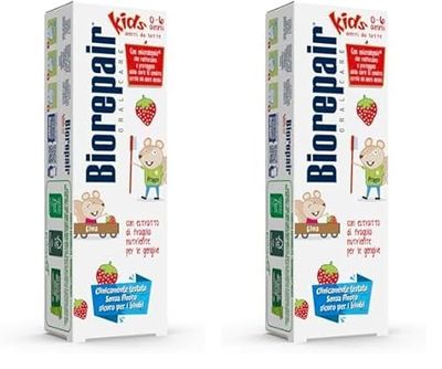 Biorepair, Dentifricio Kids 0-6 anni, Dentifricio per Bambini Senza Fluoro Gusto Frutta, Anticarie, per Gengive Sane, 50 ml (Confezione da 2)