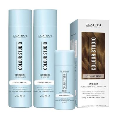 Clairol Colour Studio Permanent Colour Cream Hair Dye Long-lasting Rich Tones 100% Grey Coverage Hair Colouring Kit 3-step Hair Colour Routine 5/3 Caramel Brown