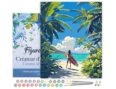 Figured'Art Peinture par Numéro Adulte avec Cadre Paradis tropical du surf - Activité Manuelle Kit de Loisir Créatif DIY Numéro d'Art Complet - 40x50cm toile tendue sur châssis