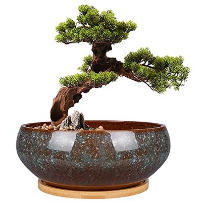 EPFamily Planteringskruka för bonsai-träd, 20 cm, keramisk, glaserad, grund, suckulent-kruka med dräneringshål och bambufat, för inomhusväxter, brun