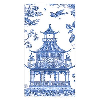 Caspari Chinoiserie Toile Pagoda Guest Towel Napkins in Blue - 15 Per Package