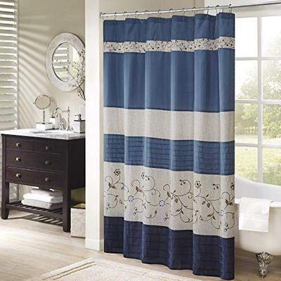 Madison Park Sereno Tenda da Doccia in Finta Seta Ricamata Floreale Lavabile in Lavatrice, Decorazione Moderna per Il Bagno, Poliestere, Marina Militare, 72 x 72 in