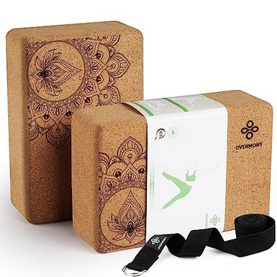 Overmont Yogablokken kurk set van 2 met yogariem voor yoga, pilates, algemene fitness en stretching, 23 x 15 x 7,6 cm