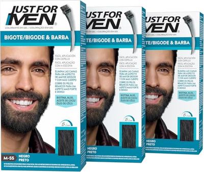 Just For Men mustasch och skägg, skäggfärg, nyans, skäggfärg, eliminerar grått hår för ett fullare utseende, med applikatorborste, färg svart, M55 3-pack (3 x 28,4 g)
