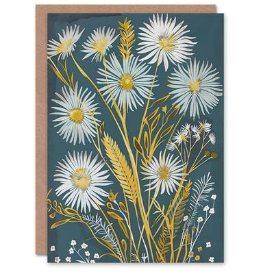 Artery8 Greeting Card Aster Wildflowers Painting Floral Wheat Harvest For Her Woman Birthday Card