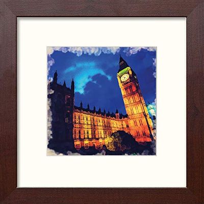 Lumartos, London Houses Of Parliament At Night Contemporary Home Decor Wall Art Watercolour Print, Mahogany Frame, 14 x 14 Inches