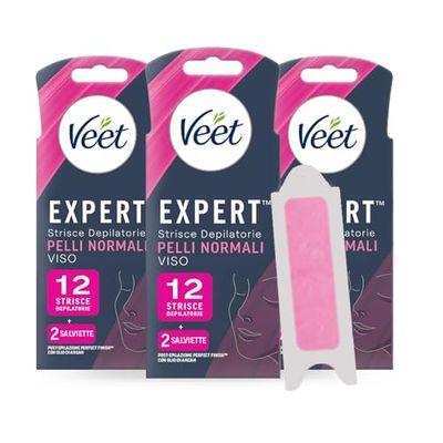 Veet Expert strisce depilatorie Pelli Normali, Per Viso, Dermatologicamente testate, Confezione da 36 con 6 salviette Post Epilazione