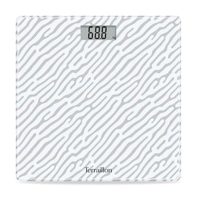 TERRAILLON - ONE CLEAR SAND- Balance pèse personne électronique, Compact et ultra plat, Plateau en verre 27cm x 27 cm, Ecran LCD, Capacité 160Kg, Graduation 100g, Sérigraphie Sable clair