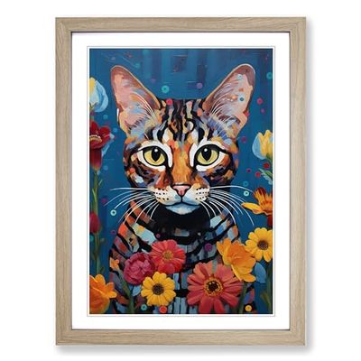 Bengal Cat Expressionism Framed Wall Art Print, Ready to Hang Picture for Living Room Bedroom Home Office, Oak A2 (48 x 66 cm)