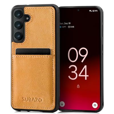 SURAZO Premium Genuine Leather Back Case for Samsung Galaxy S24 Case - Shockproof Leather Mobile Phone Case Cover with Card Slot, Key Chain, Vintage Slim Bumper Protective Case (Camel)