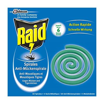 Raid Spirales Anti-Moustiques, 10 Spirales, 1 Socle Métallique, Usage Extérieur, Diffusion 6h, Insecticide - Lot de 4