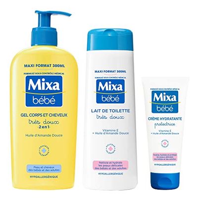 Mixa Baby - Rutyna do kąpieli i toalety - Bardzo miękki żel do ciała i włosów 300 ml + Bardzo miękkie mleko toaletowe 300 ml + ochronny krem nawilżający 100 ml - Delikatna skóra niemowląt
