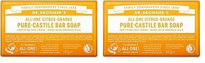 Dr Bronner's Citrus Orange Pure Castile Bar Soap, Made with Organic Oils and No Synthetic Fragrances, Used for Face, Body and Hair, Certified Fair Trade & Vegan Friendly, 140g Bar (Pack of 2)