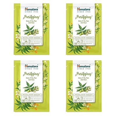 Himalaya Purifying Neem & Tea Tree Face Sheet Masks, Single Use Cotton Facial Sheet Mask Antioxidant Rich for Clear and Refreshed Skin | with Hyaluronic Acid for Intense Hydration, Count of 4