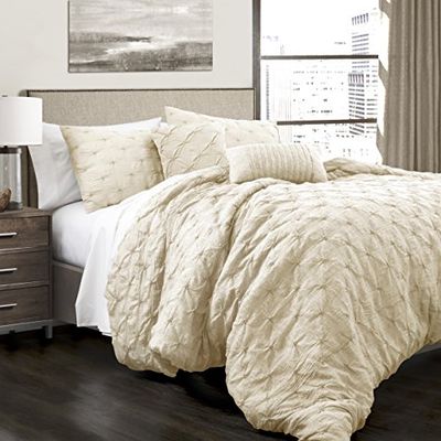 Lush Decor Ravello Pintuck Vintage Chic Farmhouse Style 5 peças Conjunto de conforto com fronhas Shams, King, Ivory