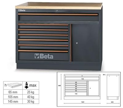 BETA Arredo Officina Piano in Legno 1381 X 948 X 463 mm + 7, Nylon, Nero, Unisex Adulto, Taglia Unica