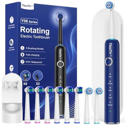 Brosses à dents électriques rotatives pour adultes et enfants avec 8 brosses, avec station de charge murale, 5 modes de brossage et étui de voyage, 60 jours d'autonomie