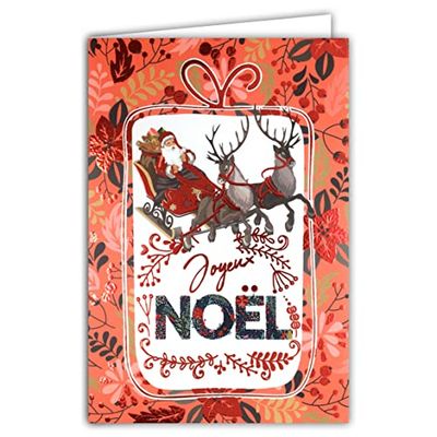 Afie 61-5638 Kaart Vrolijk Kerstman rood glanzend glinsterende flamboying slee rendier bloemen einde het jaar - met witte envelop