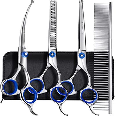 Gimar Professional 5 in 1 Scissori da toelettatura per cani 4Cr con punta rotonda di sicurezza, taglio dritto e curvo ricoperto di titanio pesante e cesoie curve