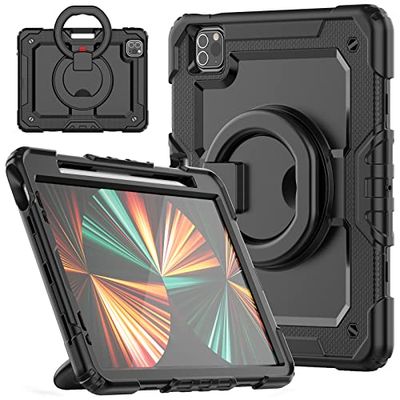 HUEZOE Custodia Compatibile iPad Pro 11 Pollici, Modello 2021/2020/2018, Cover di Protezione Antiurto per Tutto il Corpo Rigide Robusta con Supporto Girevole/Portapenna, Nero