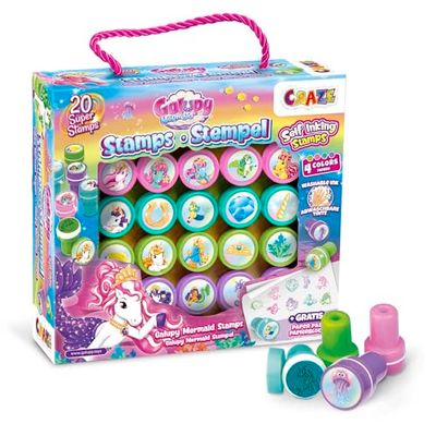 CRAZE Timbri bambini GALUPY Mermaid regalo 20 Timbrini lavabili per bambini Timbro a inchiostro Unicorno Sirena Giocattolo 4 Colori Giochi creativi