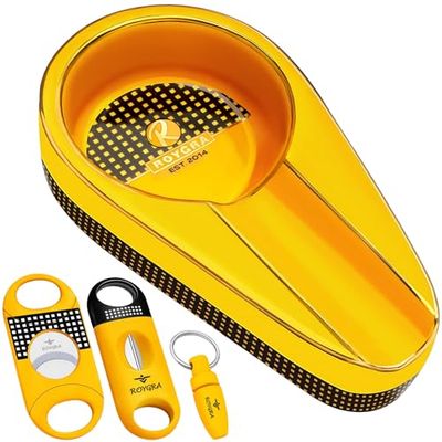 roygra Cendrier à cigares avec coupe-cigares, fabriqué à la main, en céramique dorée, avec guillotine agrandie, découpe en V, poinçon à cigares (orange)