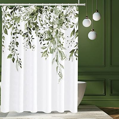 Tititex Ensemble de Rideau de Douche en Eucalyptus Vert Olive, Feuilles aquarelles sur Le Dessus de la Plante avec décoration Florale de Salle de Bain, 183 x 183 cm avec Crochets
