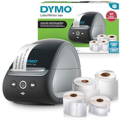 DYMO LabelWriter 550 stampante di etichette Bundle | Etichettatrice con stampa termica diretta | Riconoscimento automatico delle etichette | Spina UE a due poli