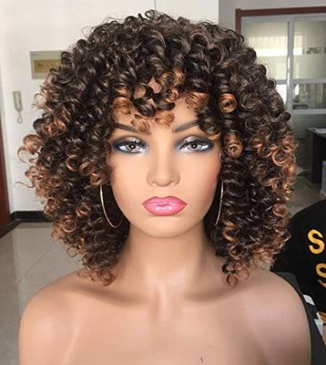 ANNIVIA Perruque afro bouclée avec frange pour femme - Perruque courte bouclée bouclée pour femme - Synthétique résistante à la chaleur - Perruques courtes afro (marron ombré)