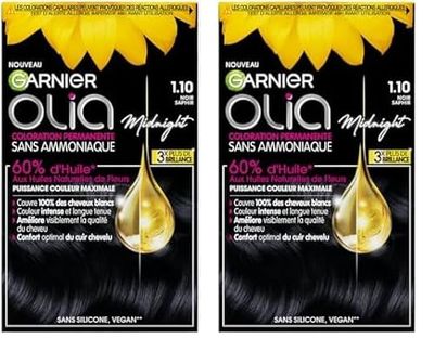 Garnier Coloration Permanente - Sans Ammoniaque - Aux Huiles Naturelles de Fleurs - Noir Saphir (1.10) - Olia (Lot de 2)