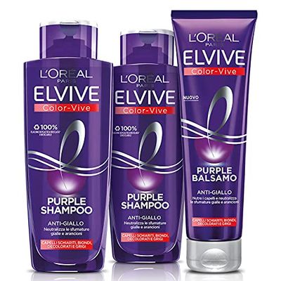 L'Oréal Paris Routine Completa Anti-giallo Elvive Purple, Kit con 2 Shampoo e 1 Balsamo, Azione Anti-giallo Per Capelli Biondi, Grigi, Decolorati o Con Schiariture, Con Pigmenti Viola e Filtro UV