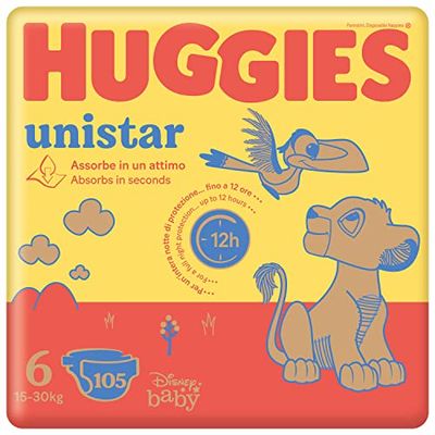 Huggies Unistar, Pannolini Taglia 6 (15-30 Kg), Design Disney, Protezione completa, 105 Pz