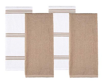 100% Cotton Terry Tea Towel - Tan Plain & Stripe Pattern, Pack of 4 | Kitchen Towel Set | Absorbent, Strong, Quick Dry & Machine Washable | Home & Bathroom Accessories