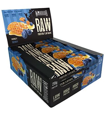 Warrior Raw Protein Flapjacks – 12 Bars x 75g Each – Packed with 20g of Protein – Low Sugar, High in Fibre (Honey Berry)